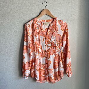 Anthropologie Maeve Floral Pintucked Button Front Blouse in White, Pink, Orange